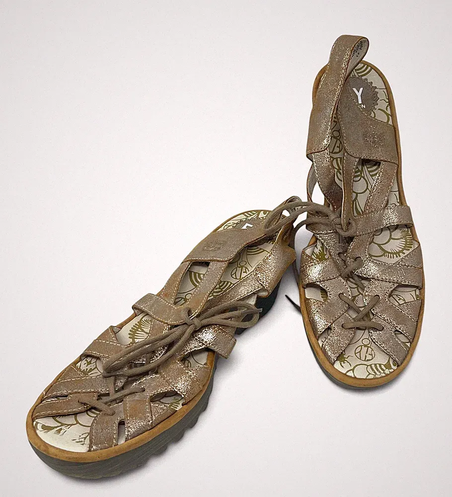 Fly London Yapi Womens Wedge Sandals 11 Gold Metallic Leather Strappy Gladiator