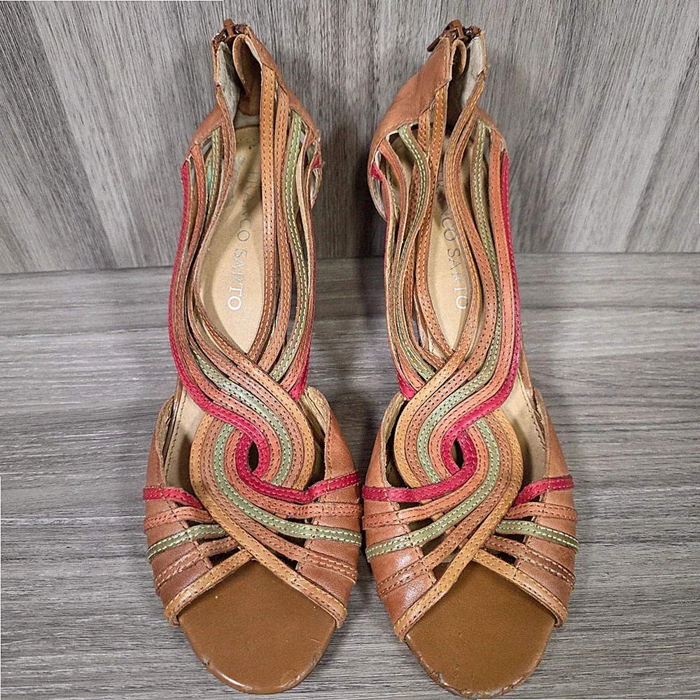 Franco Sarto Damen-Sandalen Größe 6,5 UK mehrfarbig Reißverschluss Leder Keilabsatz Schuhe