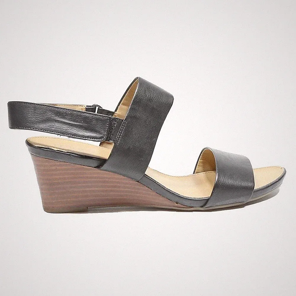 FRANCO SARTO Damen Schwarze Ledersandalen Keilabsatz UK 8 Elegant Komfortabel