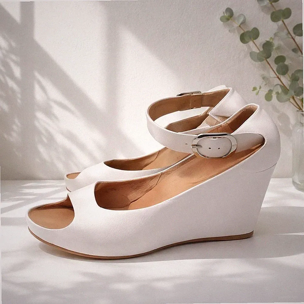 Frankreich Trendige Damen Sandalen 39 weiß Echtleder Keilabsatz elegant