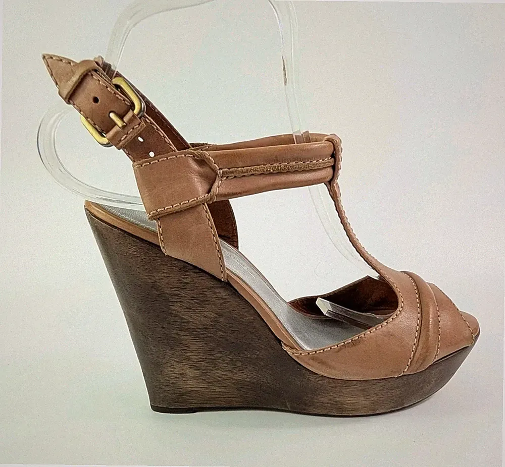 French Connection hellbraune Leder Sandalen mit hohem Keilabsatz UK 5 EU 38