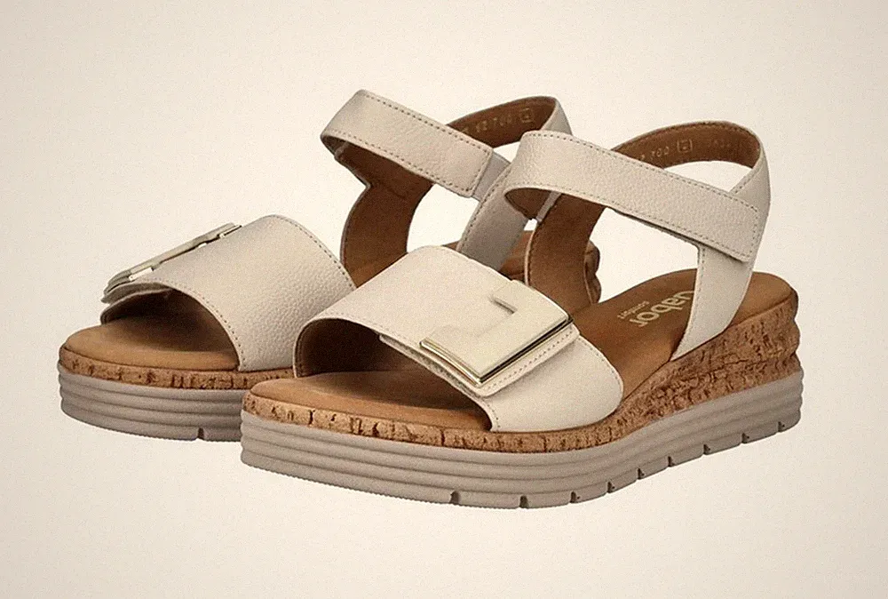 Gabor Comfort Sandale Beige Leder Plateau Sandalette Keilabsatz Klettverschluss