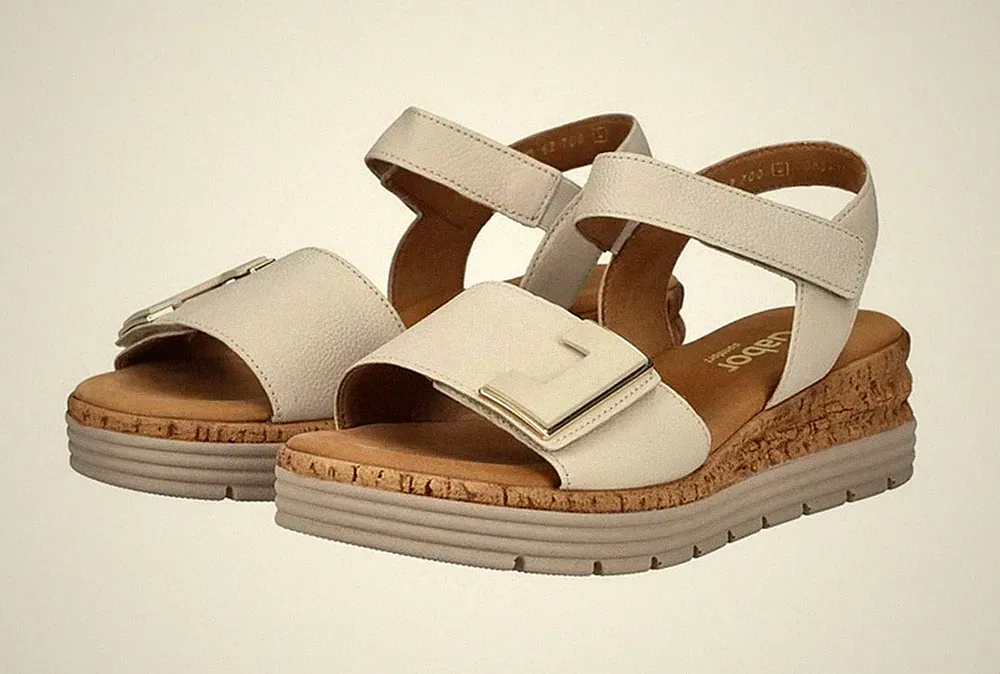 Gabor Comfort Sandale Beige Leder Plateau Sandalette Keilabsatz Klettverschluss