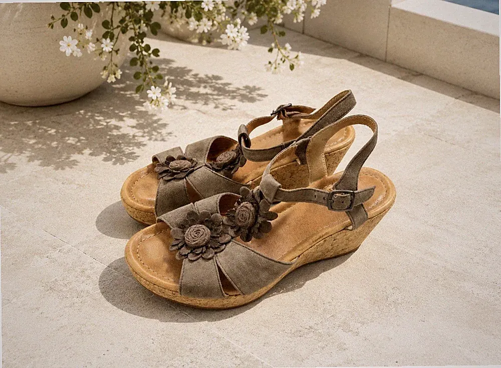 Gabor Damen Keilsandaletten Taupe Echtleder Wildleder Blumen Größe 39 Top