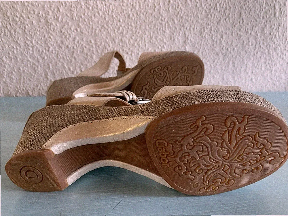 Gabor Damen Sandalen Leder beige Riemchen Schnalle Keilabsatz EU 40