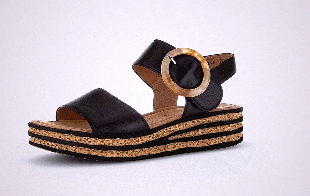 Gabor Fashion Plateausandalette Schwarz Glatt Leder Sandale Keilabsatz