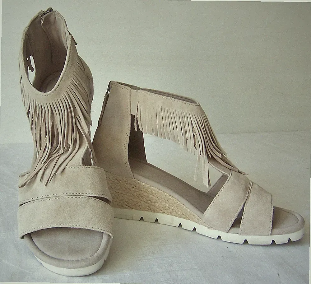 "GABOR" Gr. 39 Sandalen Sandaletten Fransen weiches Wild-Leder grau-beige TOP!!!