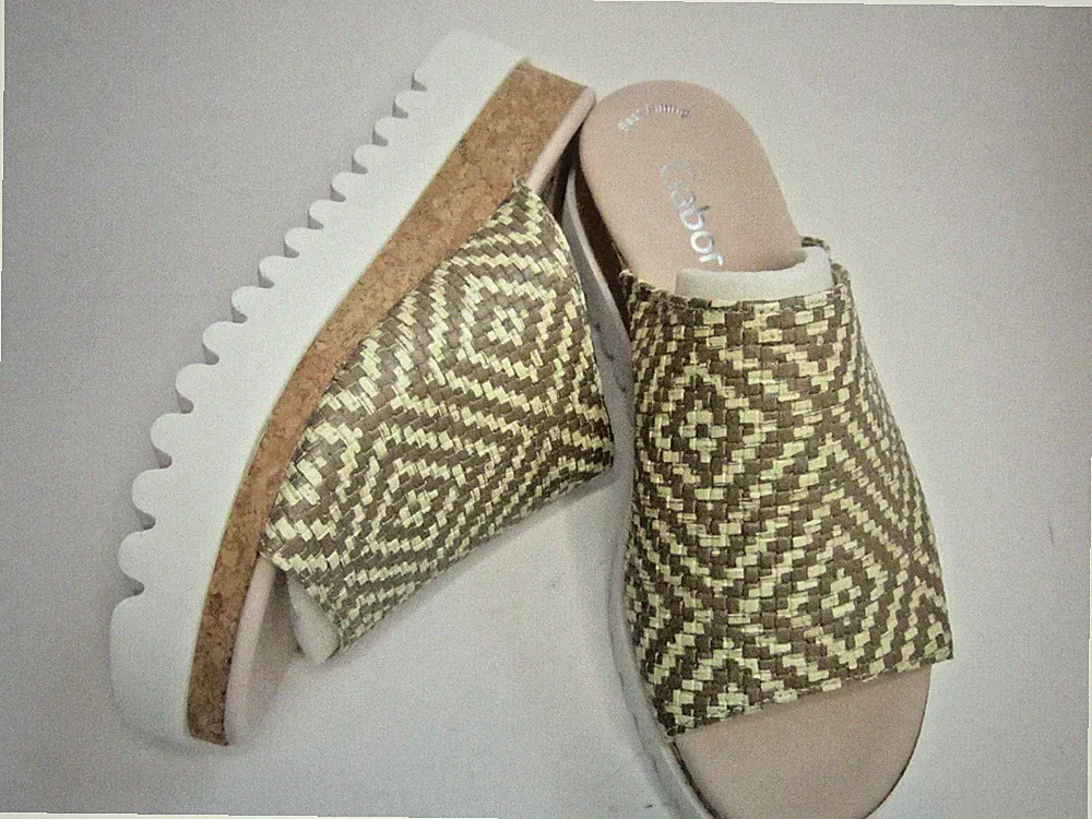 Gabor Pantolette Flecht Mosaik schilf gelb Kork Sohle Gr. 4 Gr. 37 S1086