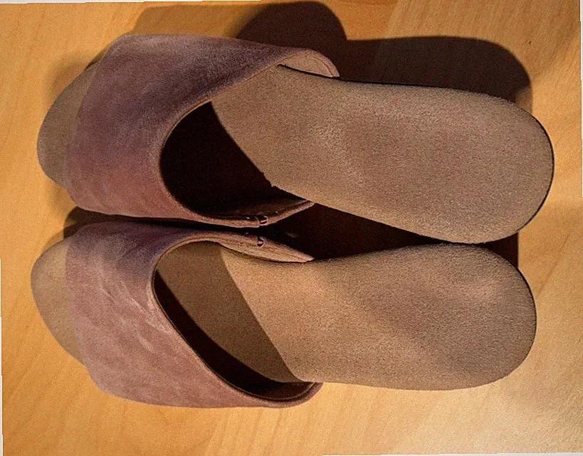 Gabor Pantolette Mule Veloursleder Taupe Altrosa Keilabsatz Gr. 36 getragen