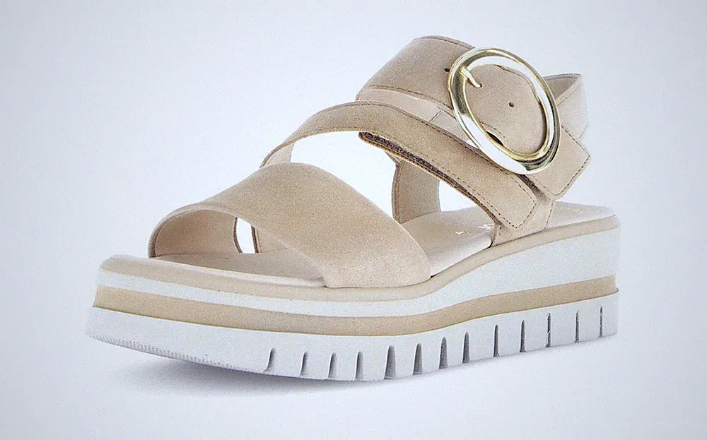 Gabor Sandale Beige Gold Leder Sandalette Plateau Keilsandale Klettverschluss