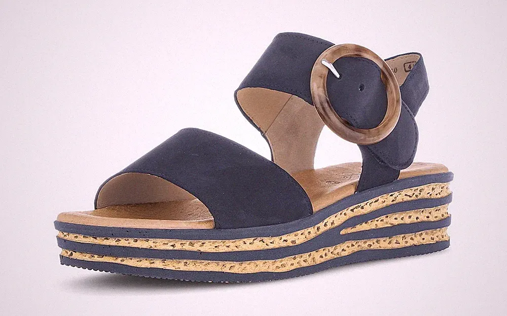 Gabor Sandale Blau Leder Sandalette Plateau Keilsandale Schnalle Klettverschluss