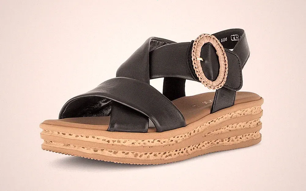Gabor Sandale Schwarz Leder Sandalette Plateau Keilsandale Schnalle Riemchen