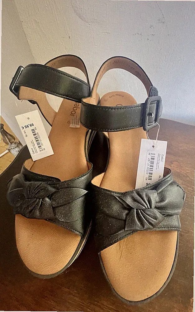 Gabor Sandalen Sandalette 6,5 Gr 40 Leder schwarz 7 cm Keilabsatz neu
