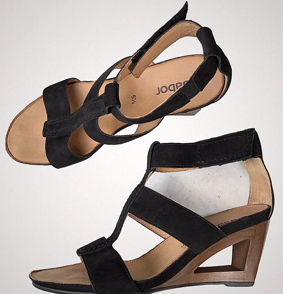 Gabor Sandalette Schwarz 38,5 Nubuk Leder Extravaganter Keil-Absatz Wedges