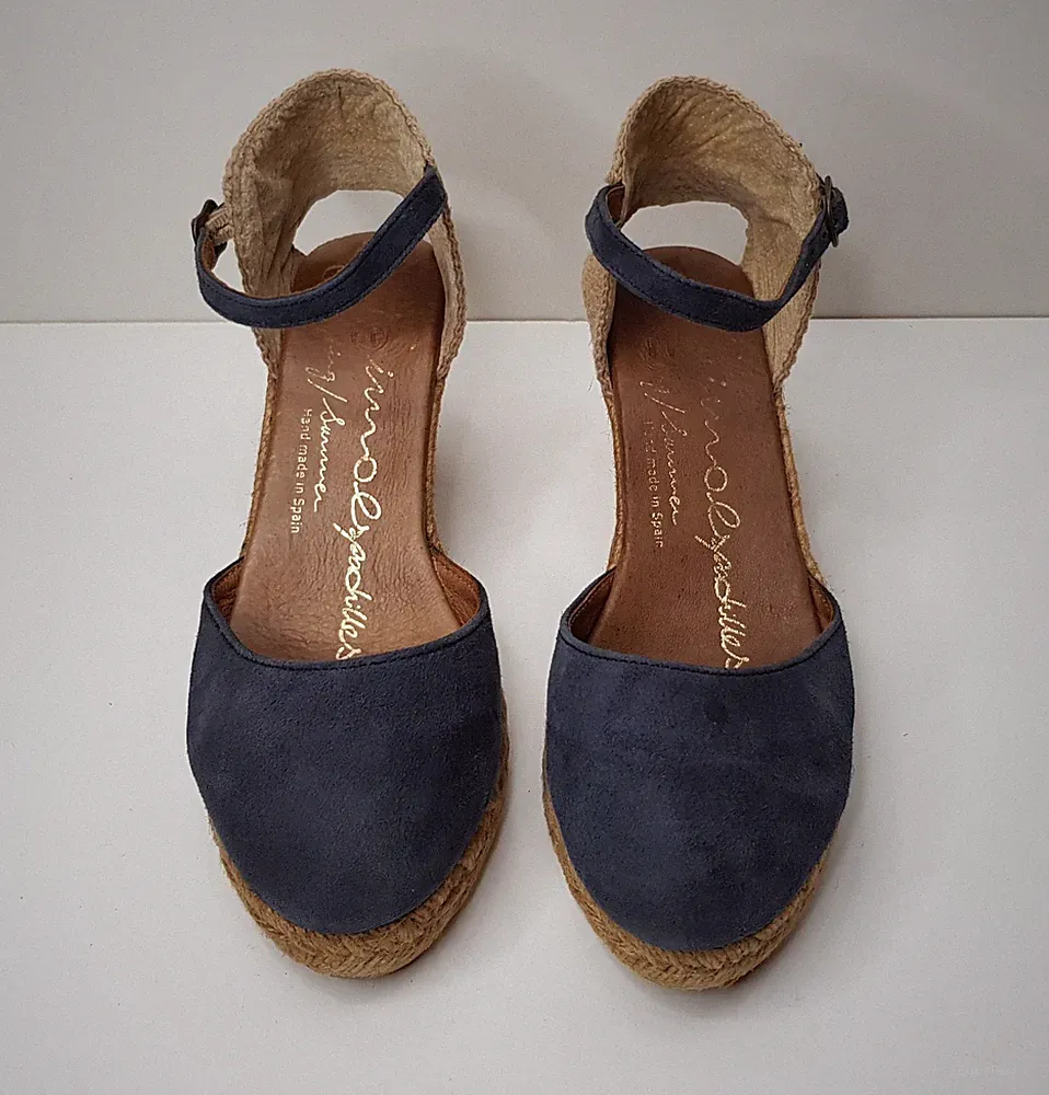 Gaimo DAMEN 4UK EU37 BLAU VELOURSLEDER MITTELHOHER KEILABSATZ ESPADRILLE PLATEAUSANDALEN SCHUH