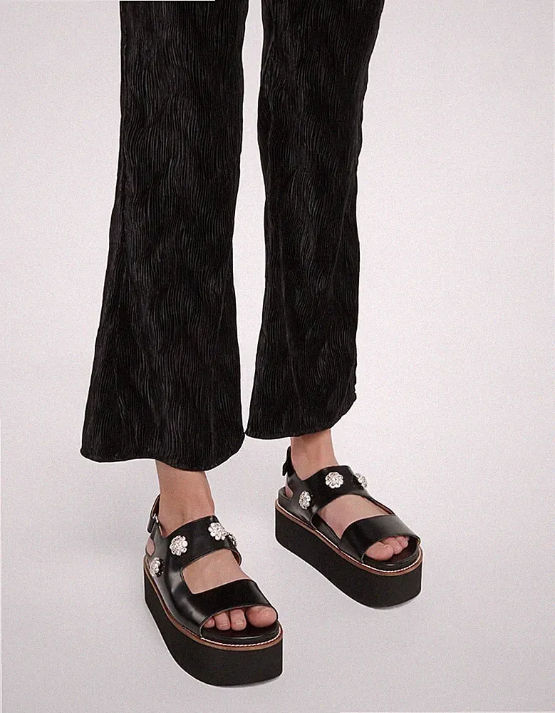 GANNI Schwarz Echtleder Schuhe Riemchen Sandalen Plateau Keilabsatz Kristall...