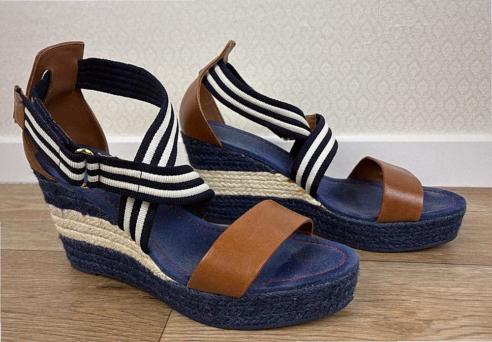 GANT Gr. 40 Wedges Espandrilles Platteau Sandaletten blau weiß braun Leder f7