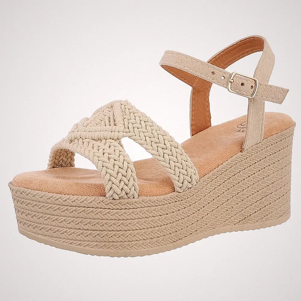 Geflochtene Damen Keilsandaletten Ital-Design 7972 in Hellbraun