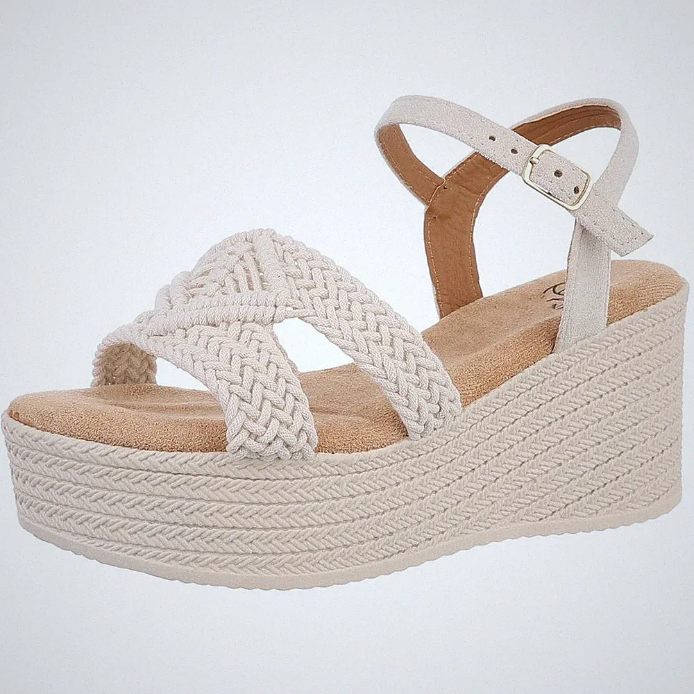 Geflochtene Damen Keilsandaletten mit Knöchelriemen Ital-Design 6942 in Beige