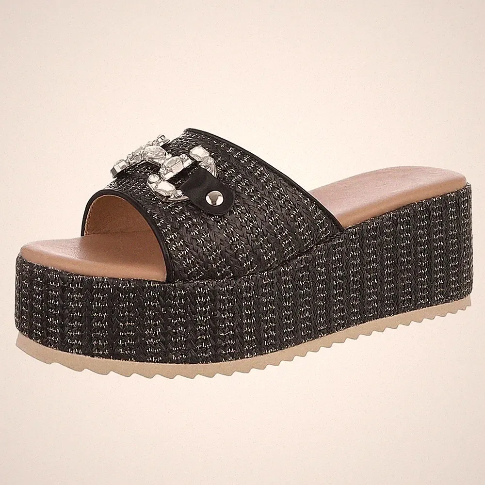Geflochtene Damen Mules mit Strass Ital-Design 1769 in Schwarz