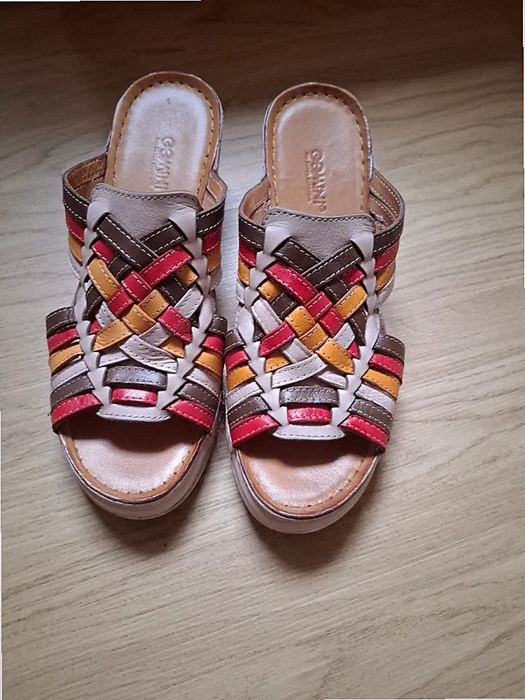 Gemini Damen Schuhe Pantolette Keilabsatz Leder beige rot braun, Gr. 39, NEU