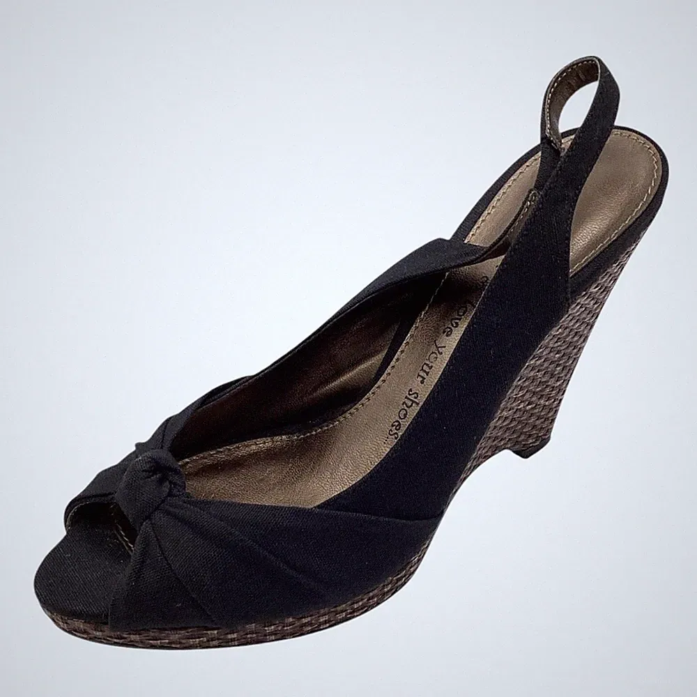 George Damen-Sandalen schwarz Canvas Keilabsatz Fersenriemen Größe UK 6 gebraucht