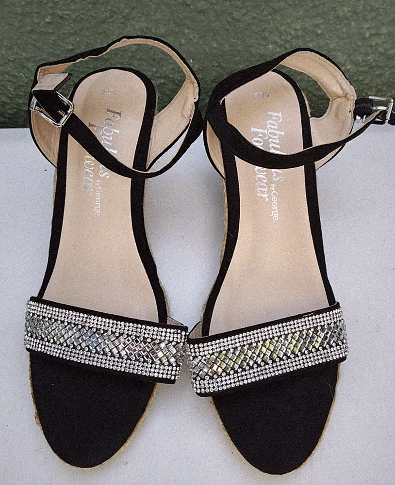 George Diamante Espadrilles Größe 5 silber Riemchen glitzernd schwarz 3" Keilabsatz