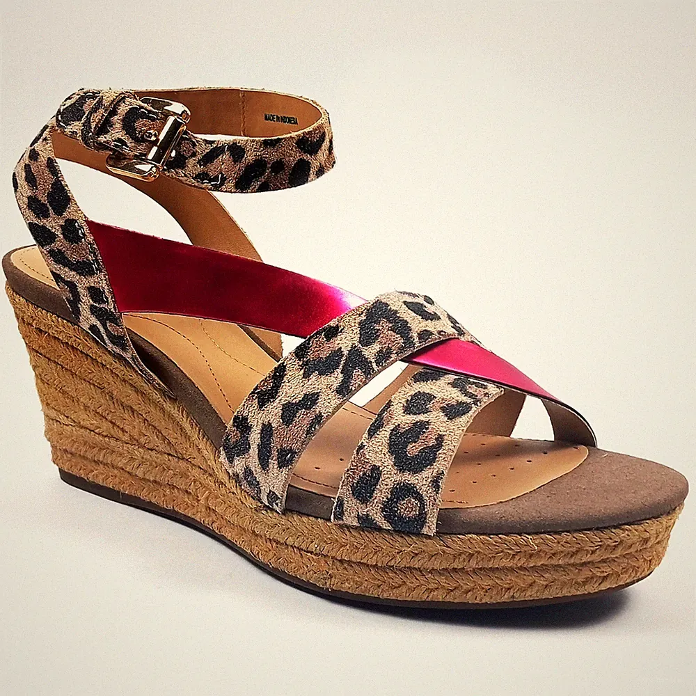 Geox Damen Sandalen 37,5 Keilabsatz Kordel Animalier Leoparden Fuchsia Absatz 8