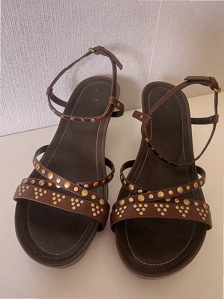 Geox Damen Sandalen Keilabsatz Leder Braun Riemchen Schnalle Nieten EU42