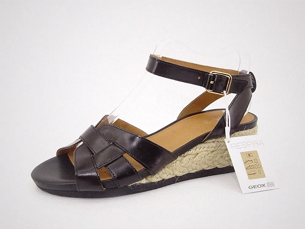 GEOX ISCHIA CORDA Keilsandalette Schuhe Damen Sandalen Leder Schwarz Gr. 39