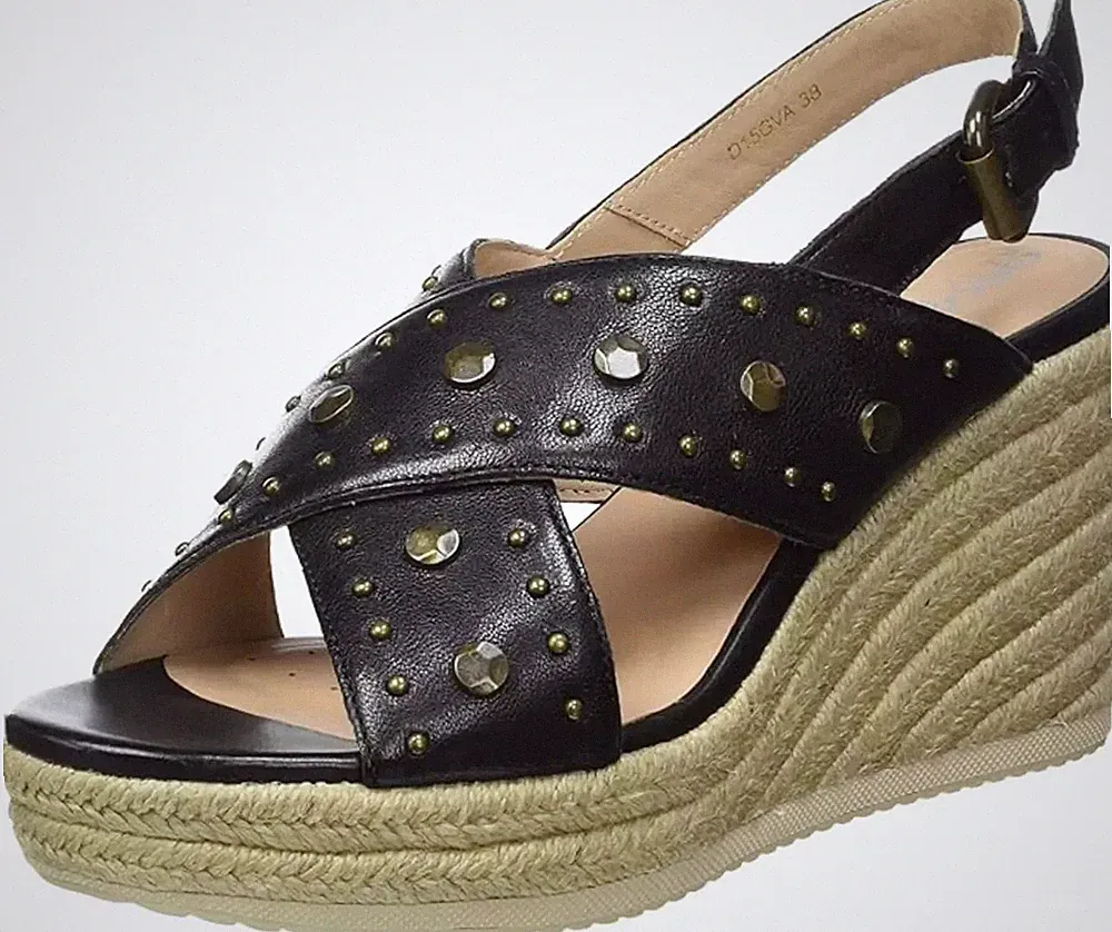 Geox Ponza Damen-Sandalen UK 6,5 schwarz Leder Nieten Keilabsatz Fersenriemen