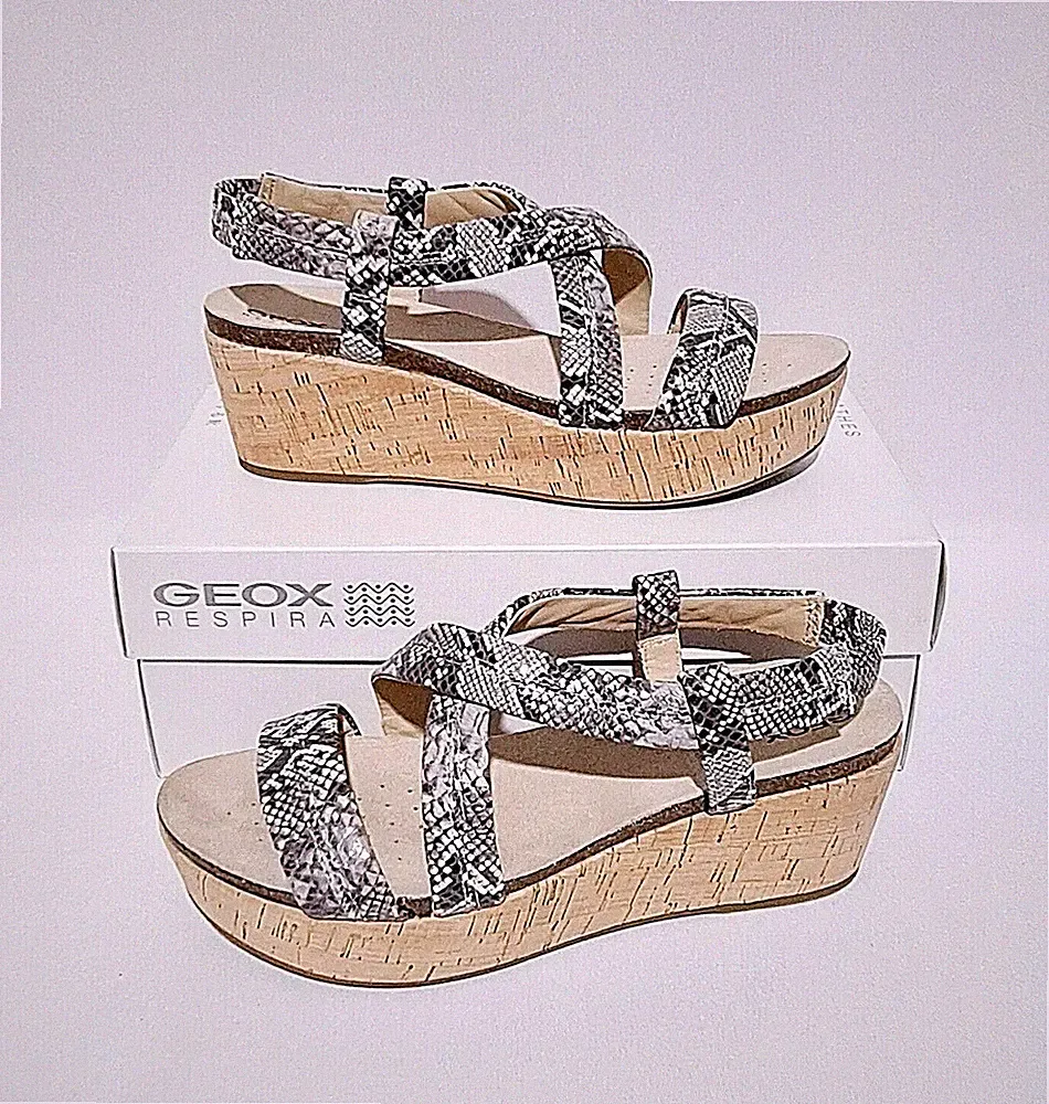 GEOX RESPIRA D JALIA UVP £88 SCHLANGE SCHWARZ & WEISS LEDER KEILABSATZ SANDALEN SCHUHE