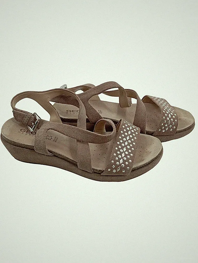 Geox Respira Damen Sandaletten Gr. 37,5 Beige Leder Strass Keilabsatz