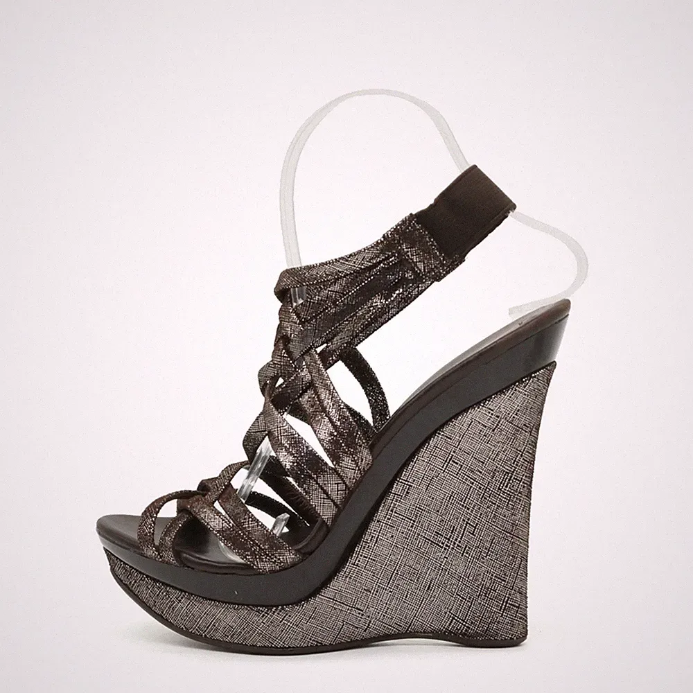 Gianna Meliani Damen Sandalen EU 38 Wedges Riemchen Metallic Braun Plateau Heel