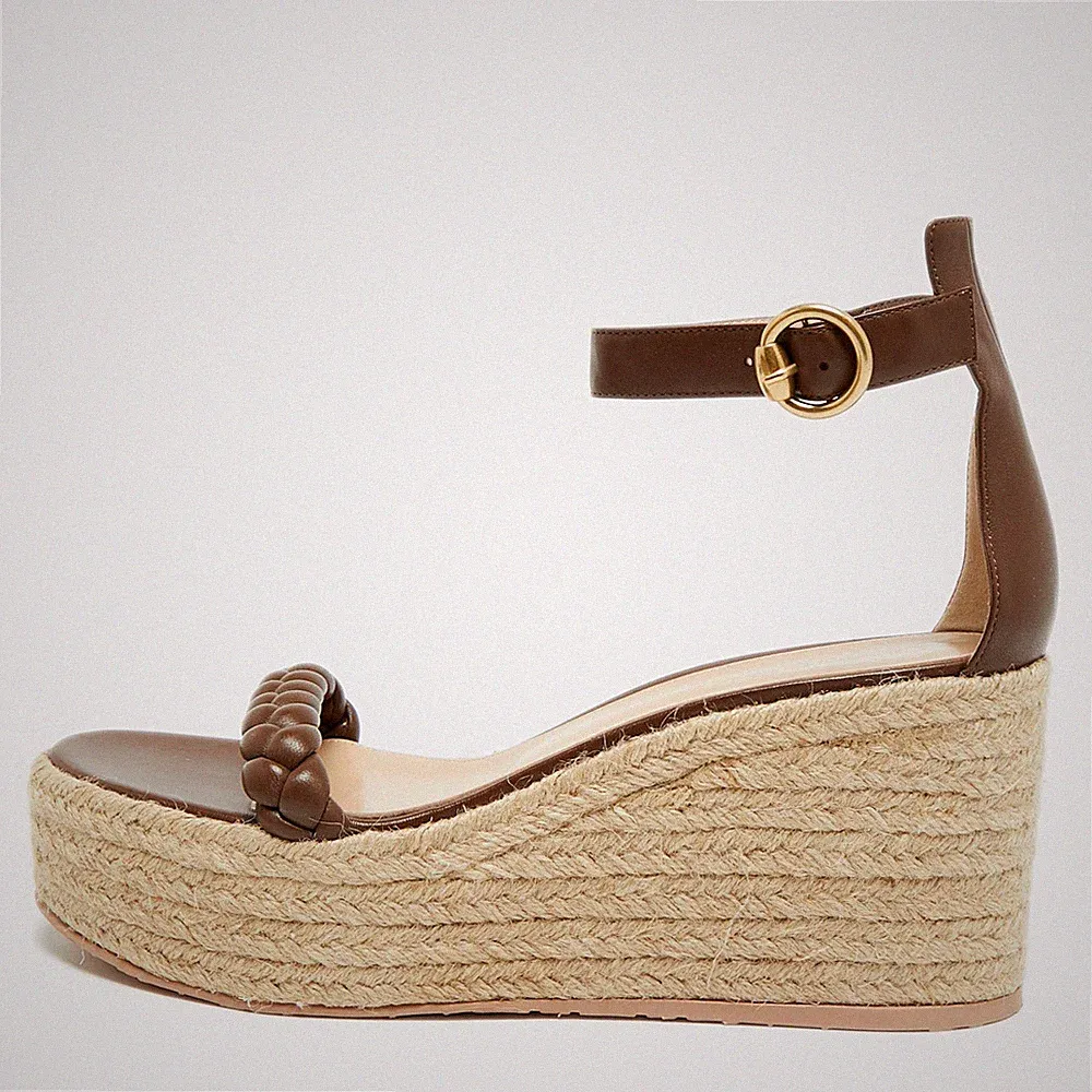 Gianvito Rossi Merida Gr. 41 Braun Geflochten Leder Espadrille Keilabsatz San...