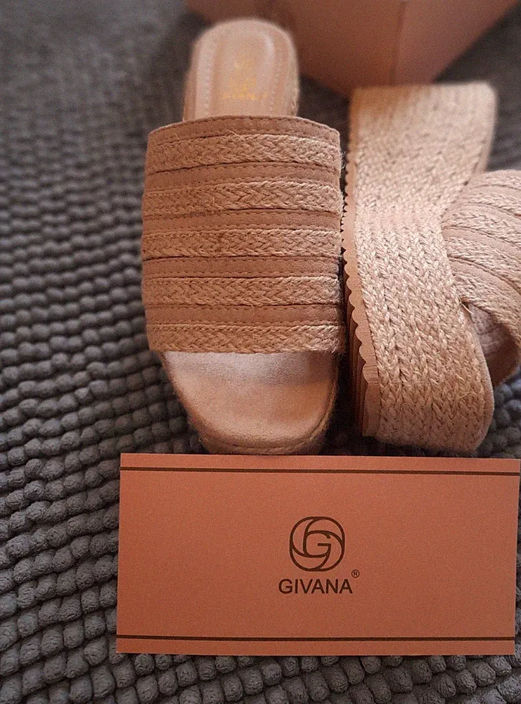 GIVANA Damen Espadrille-Sandalen Beige Keilabsatz Plateau Schlupf 37