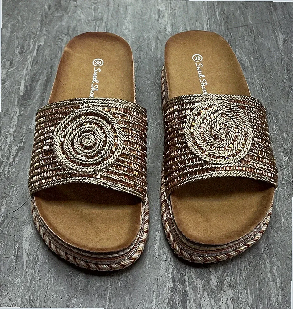 Glitzernde Plateau-Sandalen Strass Seiloptik bequeme flache Form Keilabsatz Schieber