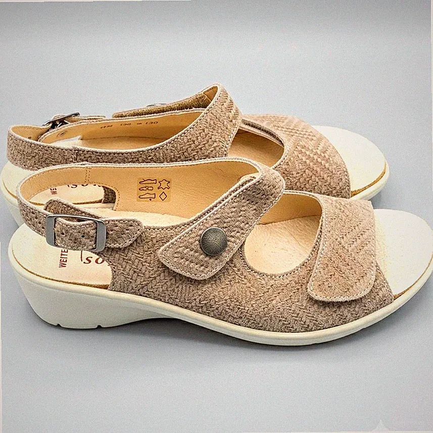 Goldkrone Damen Keilsandalen Leder Beige EU 37,5 Weite H Klett Schnalle