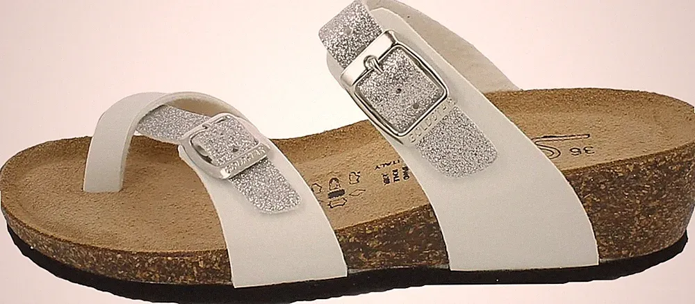 Goldstar GS395 Sandalen Zehentrenner Kunstleder Weiß Silber Keilabsatz 5 cm
