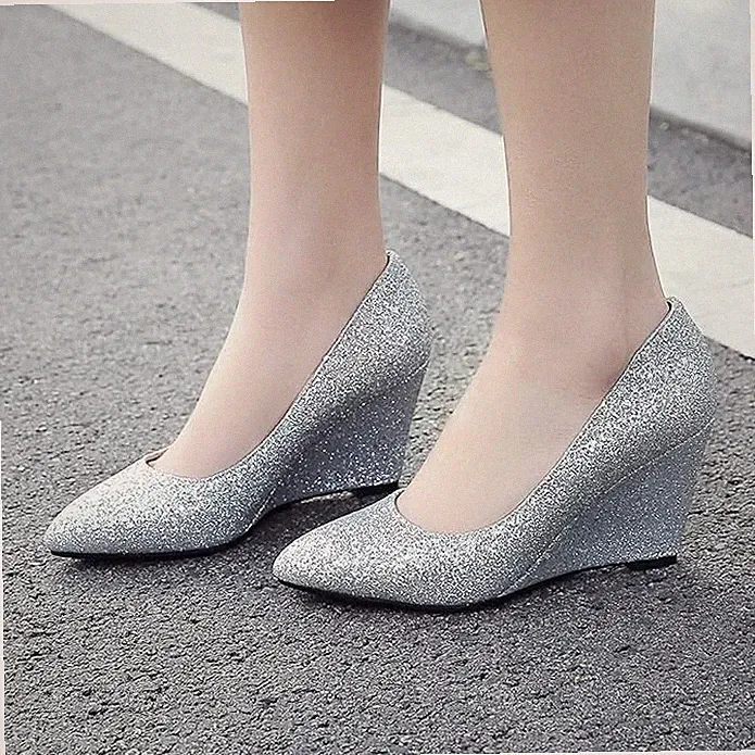 Gr41 Keilabsatz High Heels Glitzer Pumps Spitz Wedges 8cm Absatz Ohne Verschluss