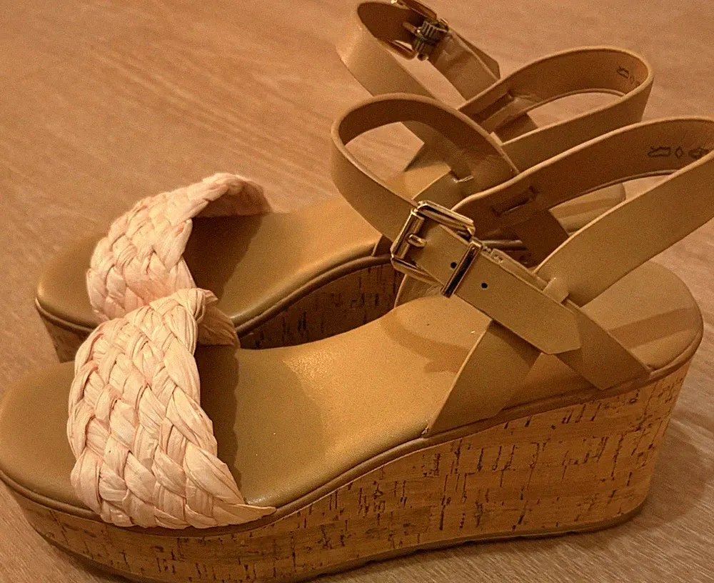 Graceland Damen Keilabsatz-Sandalen Gr. 38 Beige/Rosa Kork, geflochten