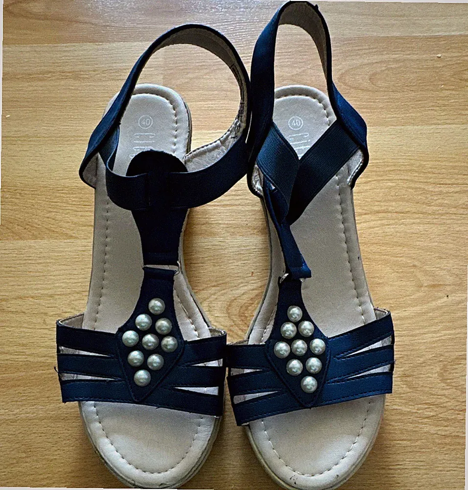 Graceland Damen Riemchen-Sandalen Keilabsatz Perlen Blau/Beige EU 40