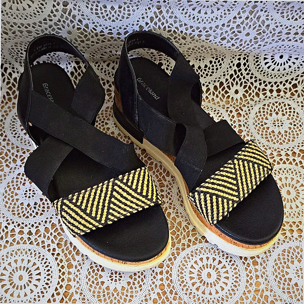 Graceland Damen Sandalen Riemchen Keilabsatz Schwarz/Beige EU 40