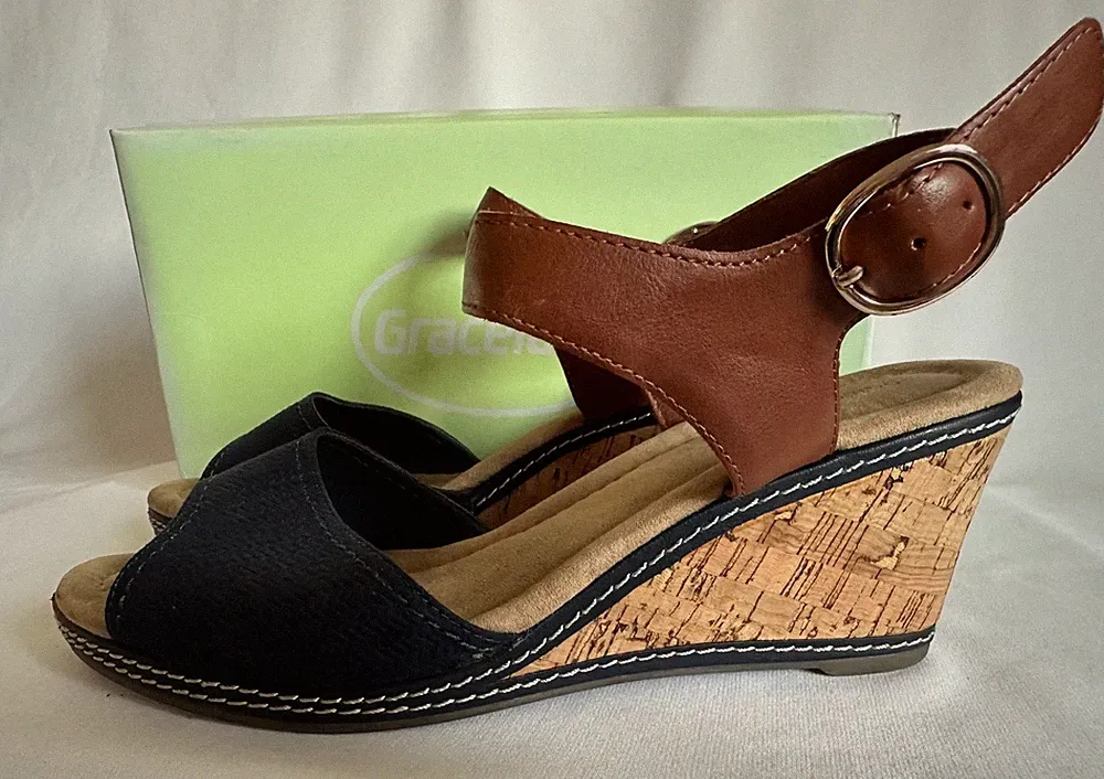 Graceland Keil Absatz Sandalen Pumps High Heels Gr 40 Jeans blau, Kork