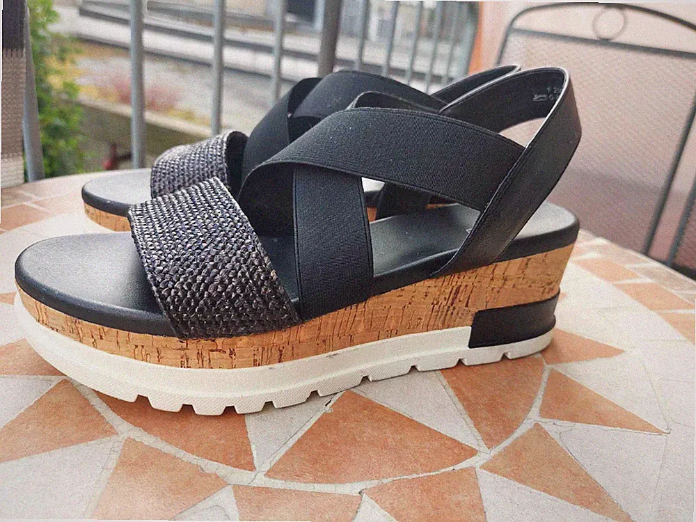 Graceland Riemchen Sandalen Sandaletten schwarz 40 Stretch Kork Keilabsatz