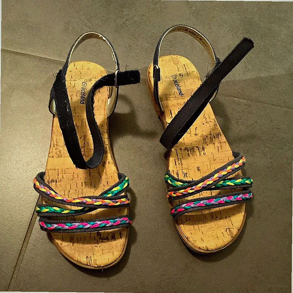 Graceland Sandalen EU 36 Keilabsatz geflochten Riemchen Korkoptik mehrfarbig