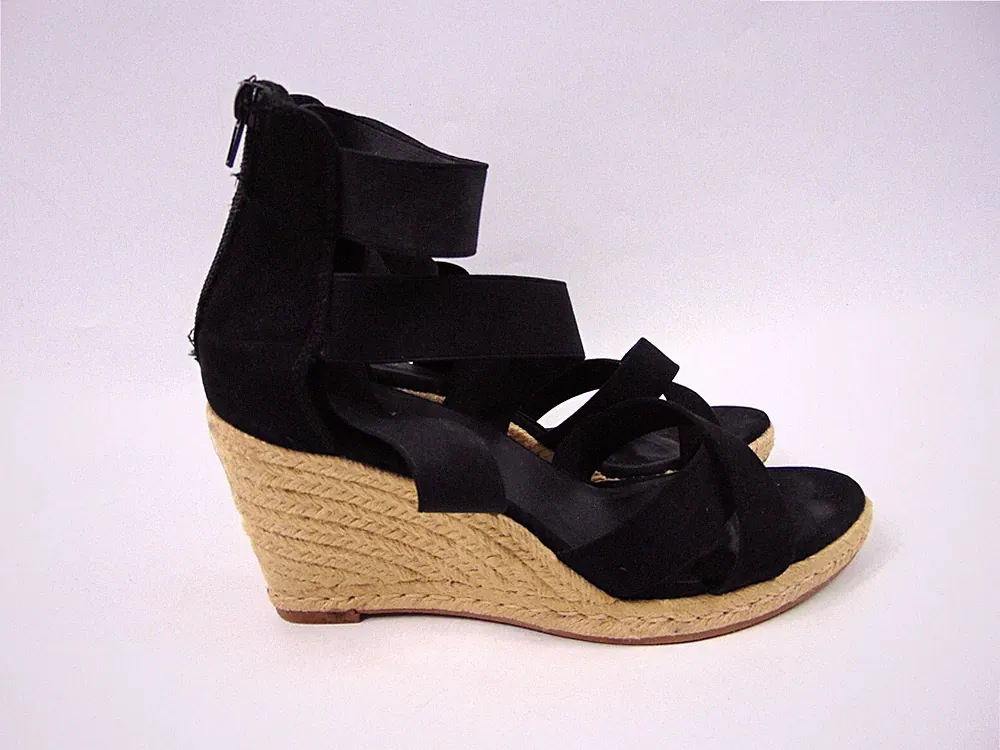 Graceland schwarze Kunstleder Seil Keilabsatz Riemchen Reißverschluss Espadrilles Sandalen Größe UK 7