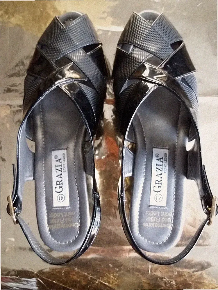 GRAZIA Lackleder Sandalette OpenToe KeilAbsatz Riemchen Sandalen Schwarz 41