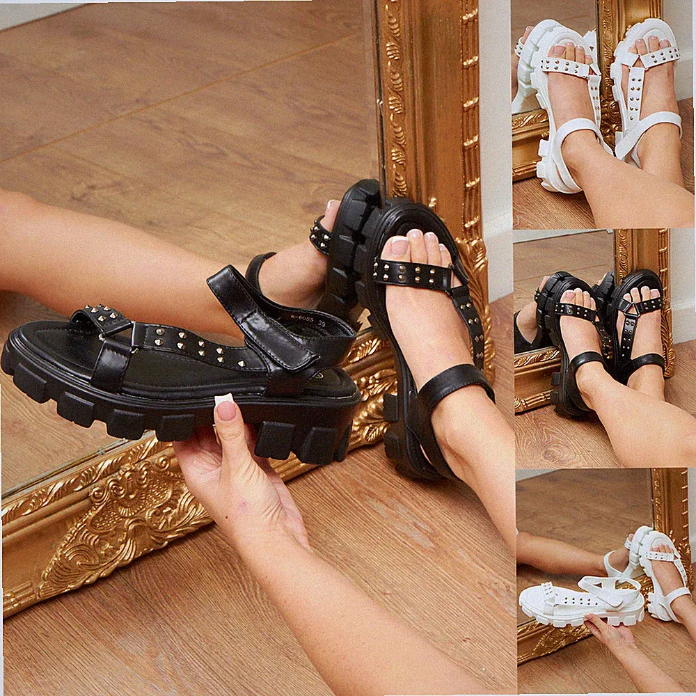 Grobe Damen-Plateausandalen Knöchelriemen Nietenriemen Sommerschuhe UK