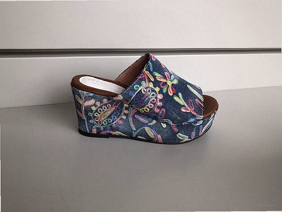 GRÜNLAND Damen Keilabsatz Slipper 8 cm Jeans COBO CI1293